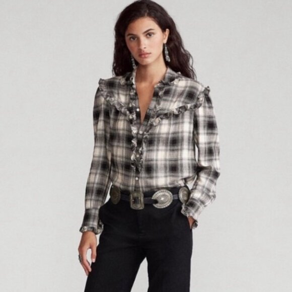 EUC Women's RALPH LAUREN Ruffle-Trimmed Plaid Shirt | Size M - Picture 3 of 11